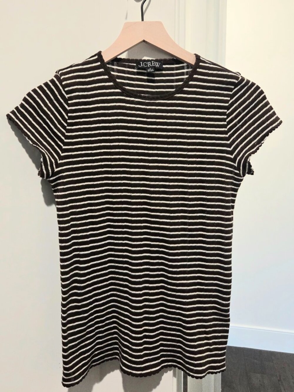 JCREW Brown striped pointelle t-shirt